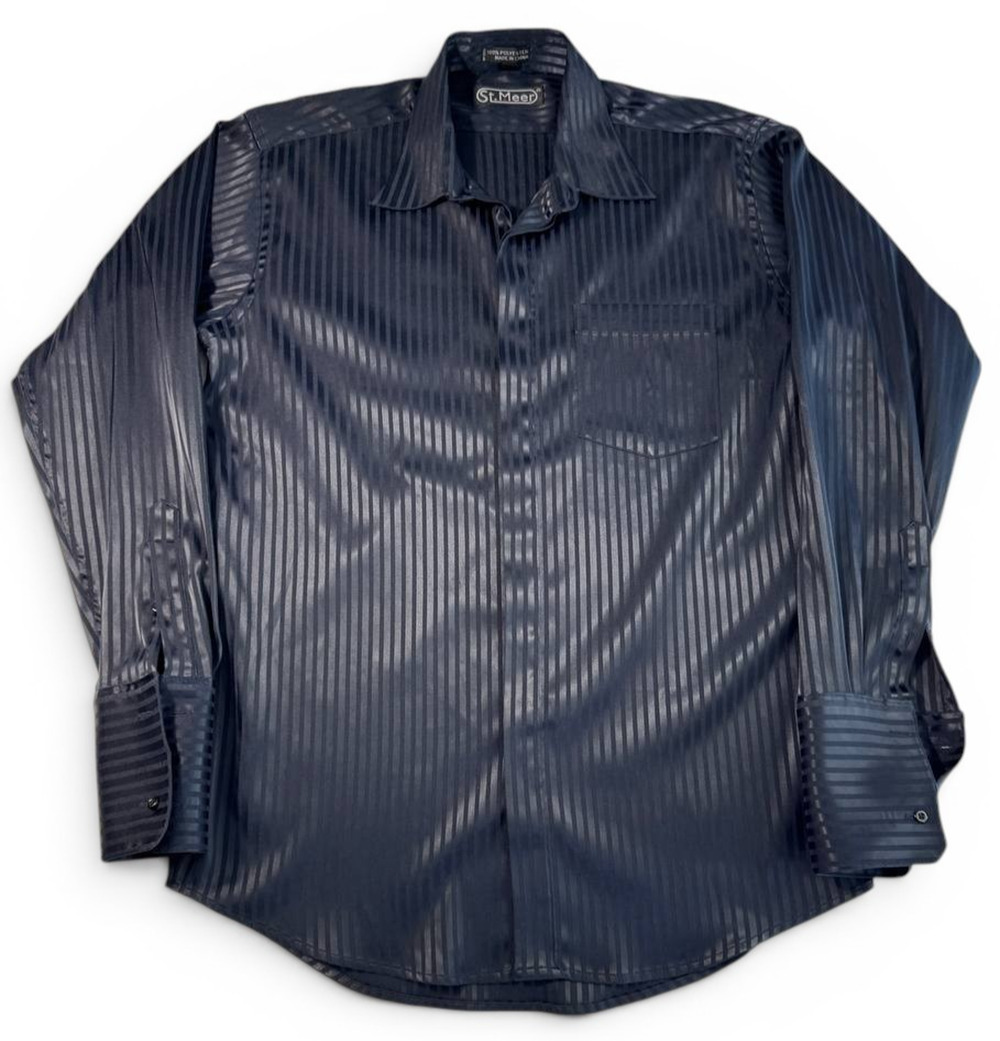St. Meer Mens Dress Shirt Black Striped Button Front Long Sleeve 16 34/35